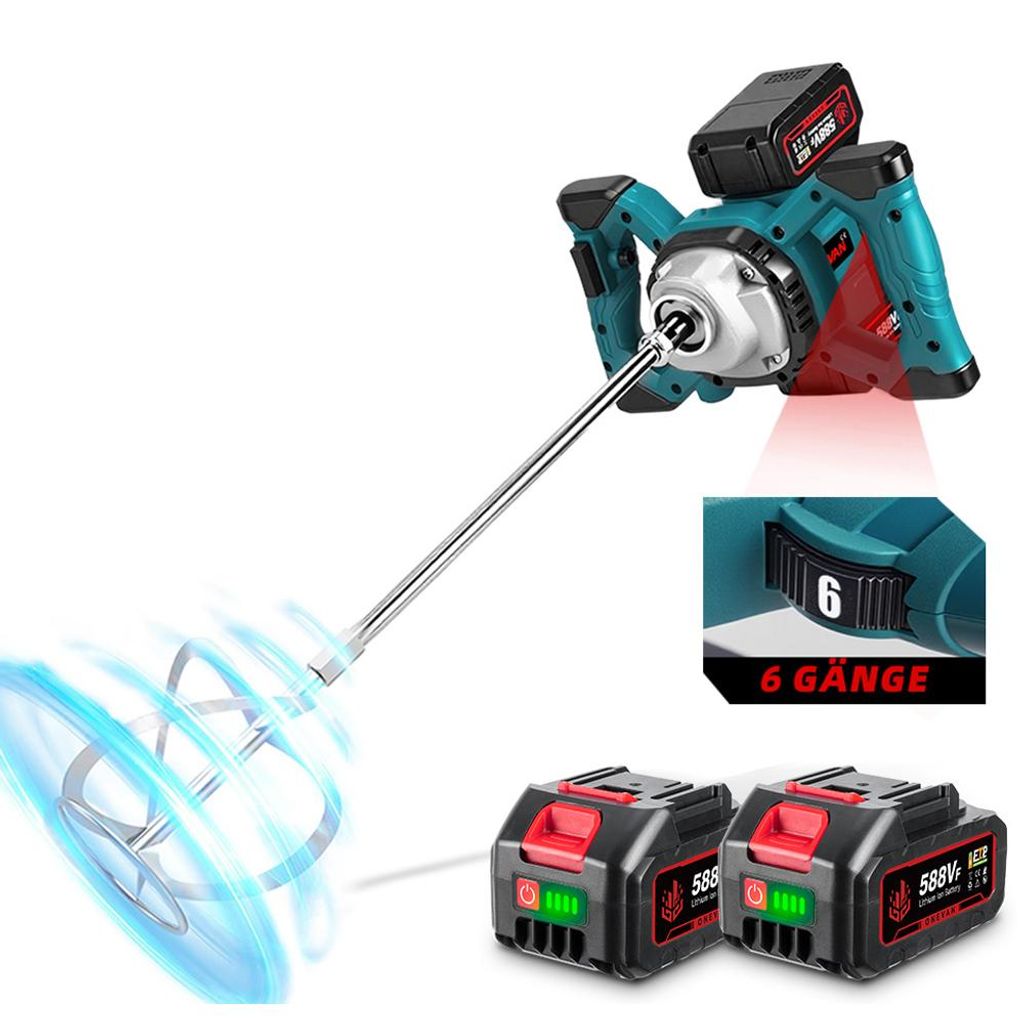 Rührwerk Akku-Betonrührer 65Nm Brushless Farbmörtelrührer mit 2x Akkus, 6-Gang-Getriebe Rührwerk für Beton, Farbe, Zement