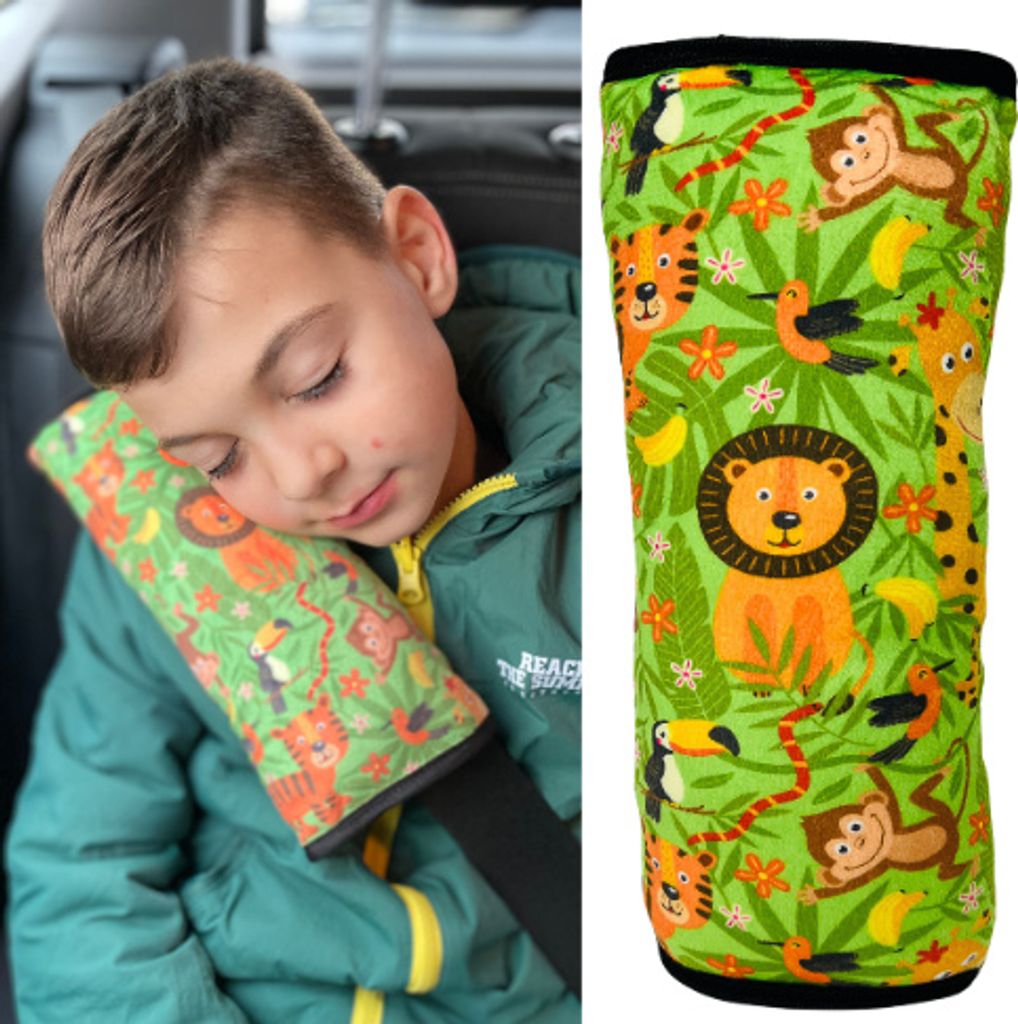 HECKBO Dschungel Jungle Auto Schlafkissen für Kinder - maschinenwaschbar – kuschelweich hochwertiges Auto Gurtkissen, Gurtschoner, Gurtkissen,...