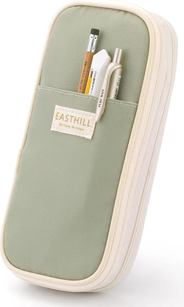 Grande trousse à crayons verte avec compartiments et toile robuste