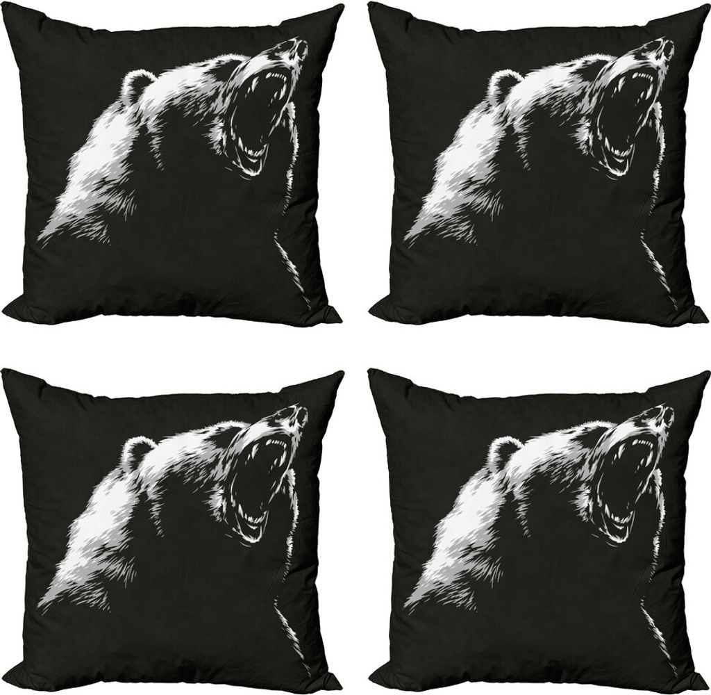 ABAKUHAUS Bär Kissenbezug Set (4 Stück), Sketch Art Carnivore Roar, Moderner Doppelseitiger Digitaldruck, 50 cm x 50 cm, Charcoal Grau Weiß
