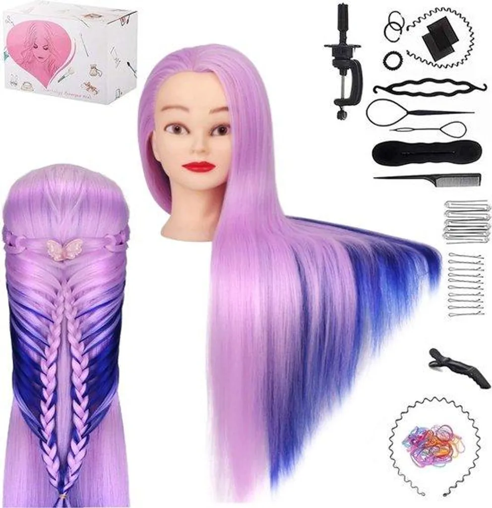 Tête de pratique coiffure anti-nœuds avec kit accessoires et fixations