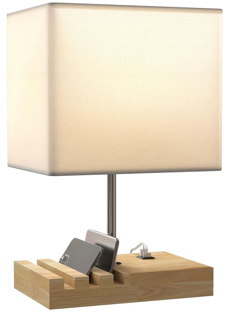 Nachttischlampe. USB-Anschlš¹sse. Holz. Stoff. Wippschalter. Ablagef?cher. Wei?