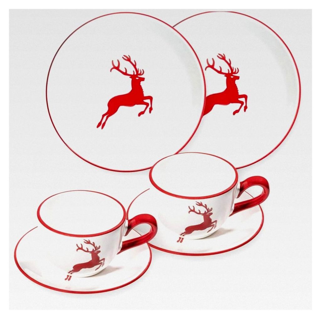 Frühstücksset für zwei Classic Geschirrset mit rubinrotem Hirsch, handgefertigt in Österreich