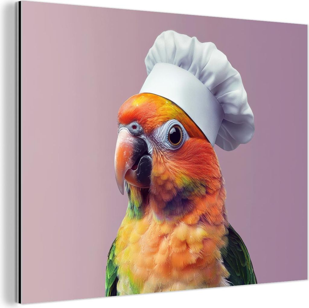 MuchoWow Wanddekoration Metall Metallbild Wandkunst 80x60 cm Papagei - Kochmütze - Neugierig - Vogel MuchoWow Aluminium Gemälde - Alubild