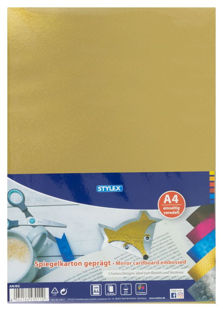 Spiegelkarton, DIN A4, 10 Blatt in 5 Farben/ Designs, geprägt