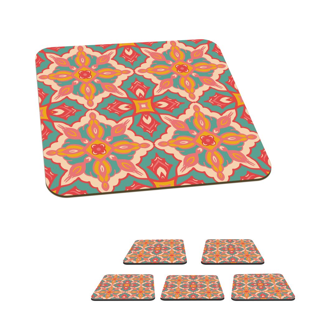 KitchenYeah Glasuntersetzer Quadratisch 6er Set Muster - Hippie - Orange 10x10 cm Untersetzer für Gläser - Getränkeuntersetzer - Tischplatten...