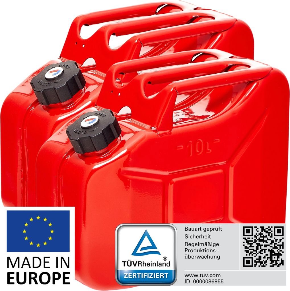 BW Kraftstoffkanister Metall Benzinkanister 2x 10 Liter mit Schraubverschluss - Rot RAL 3000 - UN-Zulassung - Hergestellt in Europa