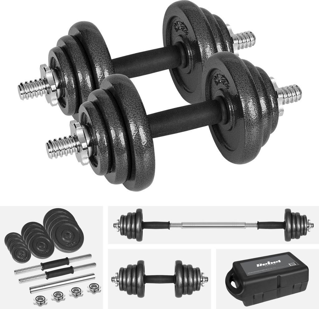 Verstellbare Gusseisenhanteln im Koffer mit Hantelstange, Set 20 kg Rebel, robust
