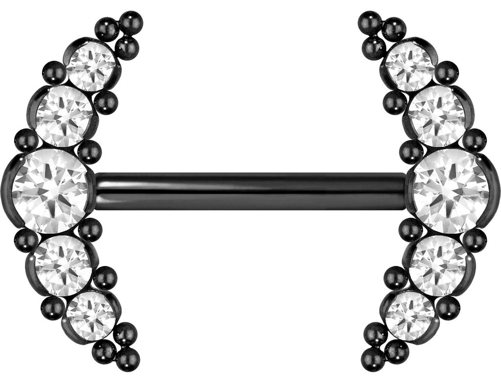Zungenpiercing, Intim-Piercing Titan Barbell mit Push Fit 5 KRISTALLE + KUGELN Schwarz Stablänge: 14mm