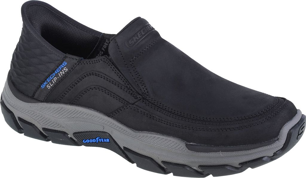 A single black Skechers slip-on shoe with a gray sole is shown against a white background.