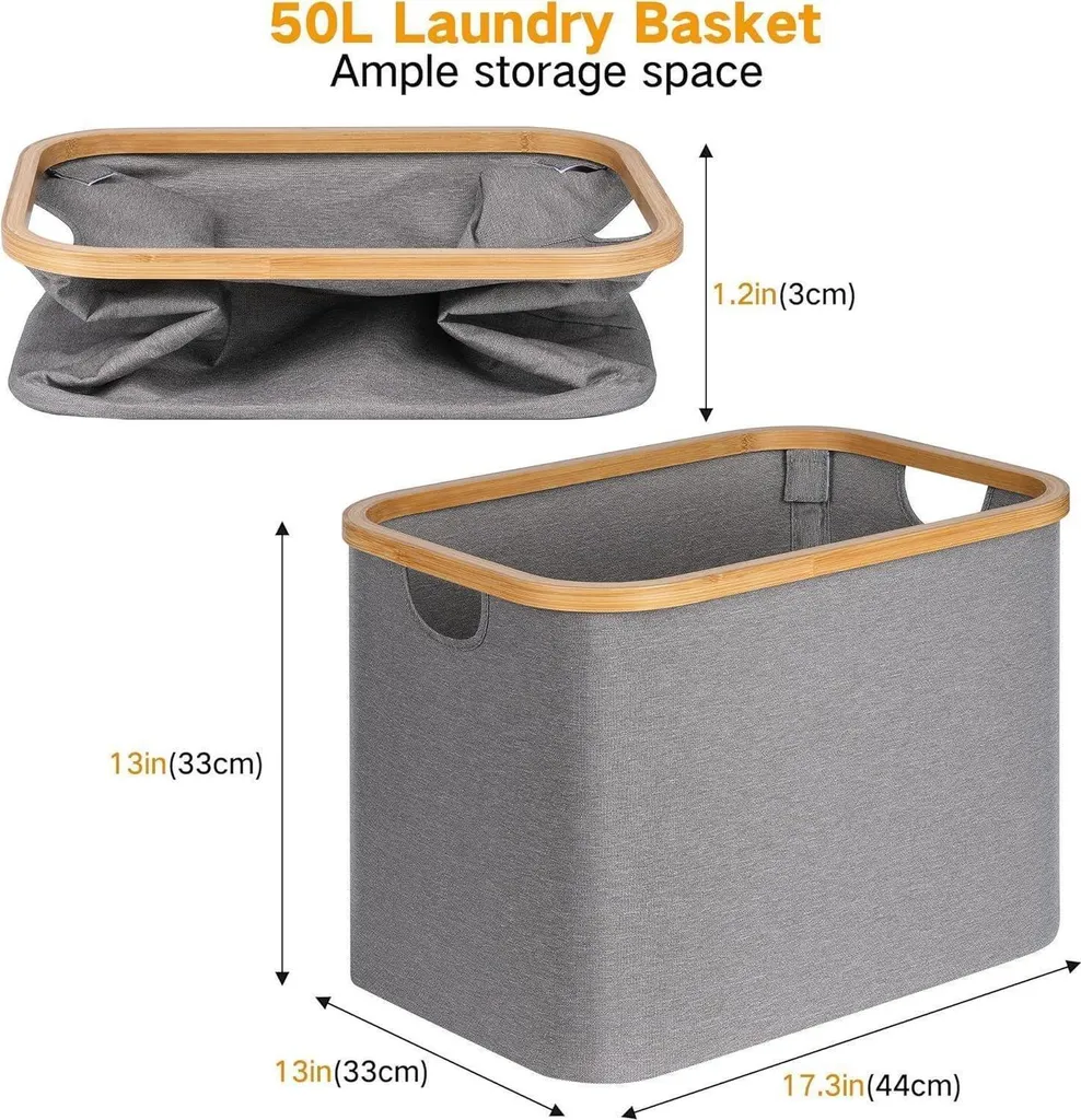 Bac à linge 50L pliable - Bambou naturel et tissu gris anthracite