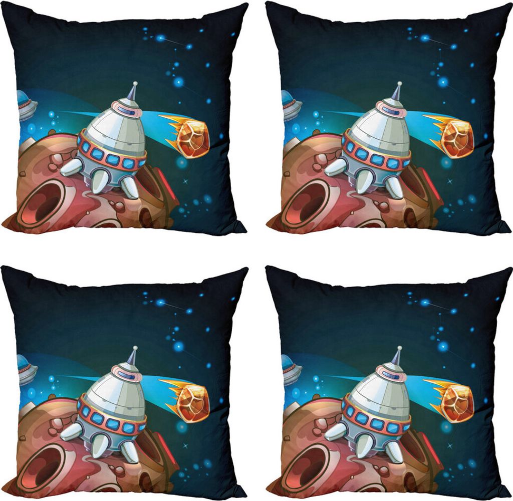 ABAKUHAUS Karikatur Kissenbezug Set (4 Stück), Spacecraft Planet Weltraum, Moderner Doppelseitiger Digitaldruck, 40 cm x 40 cm, Mehrfarbig