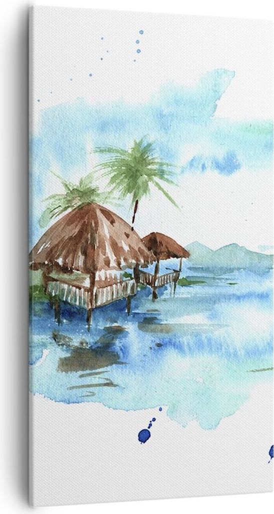 Bild auf Leinwand - Leinwandbild - Tropen Wasser Bungalow Ufer - 55x100cm - Wand Bild - Wanddeko - Leinwanddruck - Bilder - Kunstdruck - Wanddekora...