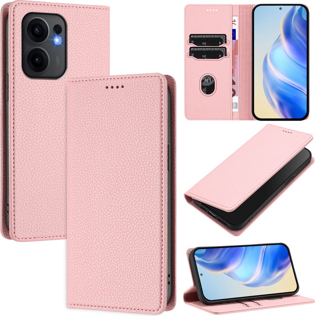 Litchi Leder Handyhülle für Oppo Reno13 F 5G Wallet Kartenfächer Standfunktion Hülle Pink