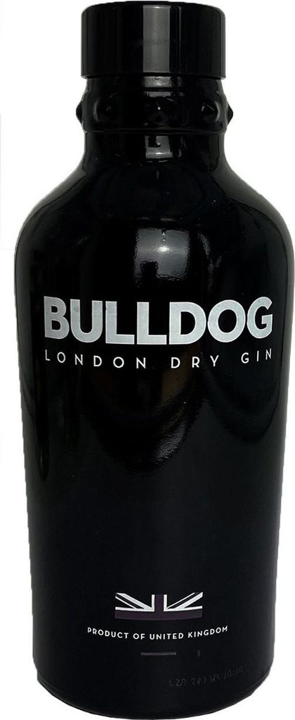 A black bottle of Bulldog London Dry Gin against a white background.