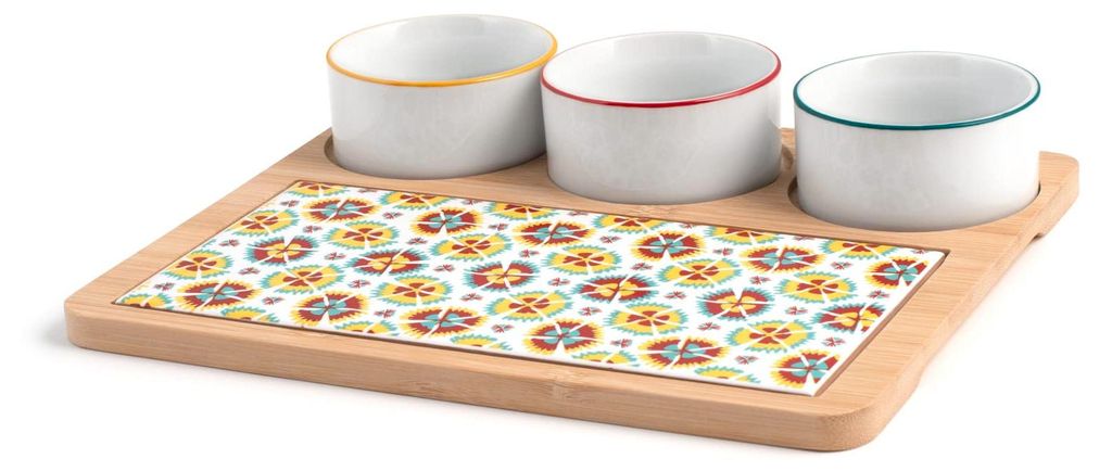 H&H Mix&Match-Set, 4-teilig, mit 9 cm großen dekorierten Porzellantassen und einem Bambustablett, mehrfarbig