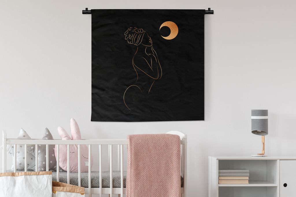 MuchoWow® Wandteppich Wandbehang Frau - Mond - Schwarz und Produktbild 