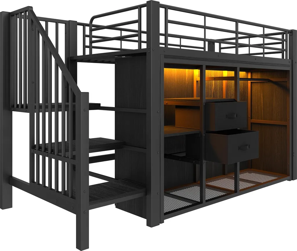 Lit Combiné Mezzanine Noir 90x200 avec LED et Multiples Rangements Chic - 11