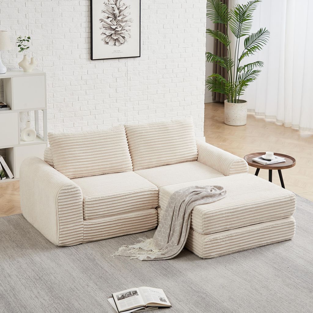 Modulares Cord-Schlafsofa 2-in-1, Corduroy Sofa mit Hocker & 2 Kissen, Ecksofa mit flexibler Konfiguration, Schlafcouch für Wohnzimmer, Weiß