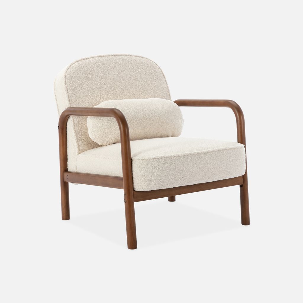A cream-colored armchair with a bouclé fabric and a wooden frame, shown against a white background.