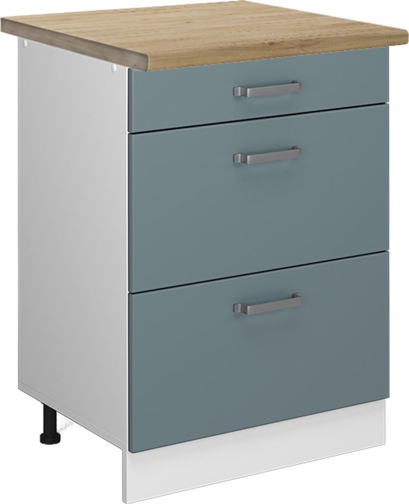 Küchenunterschrank Vicco R-Line Blau-Grau 60 cm mit Schubladen, AP Eiche, Model 46674