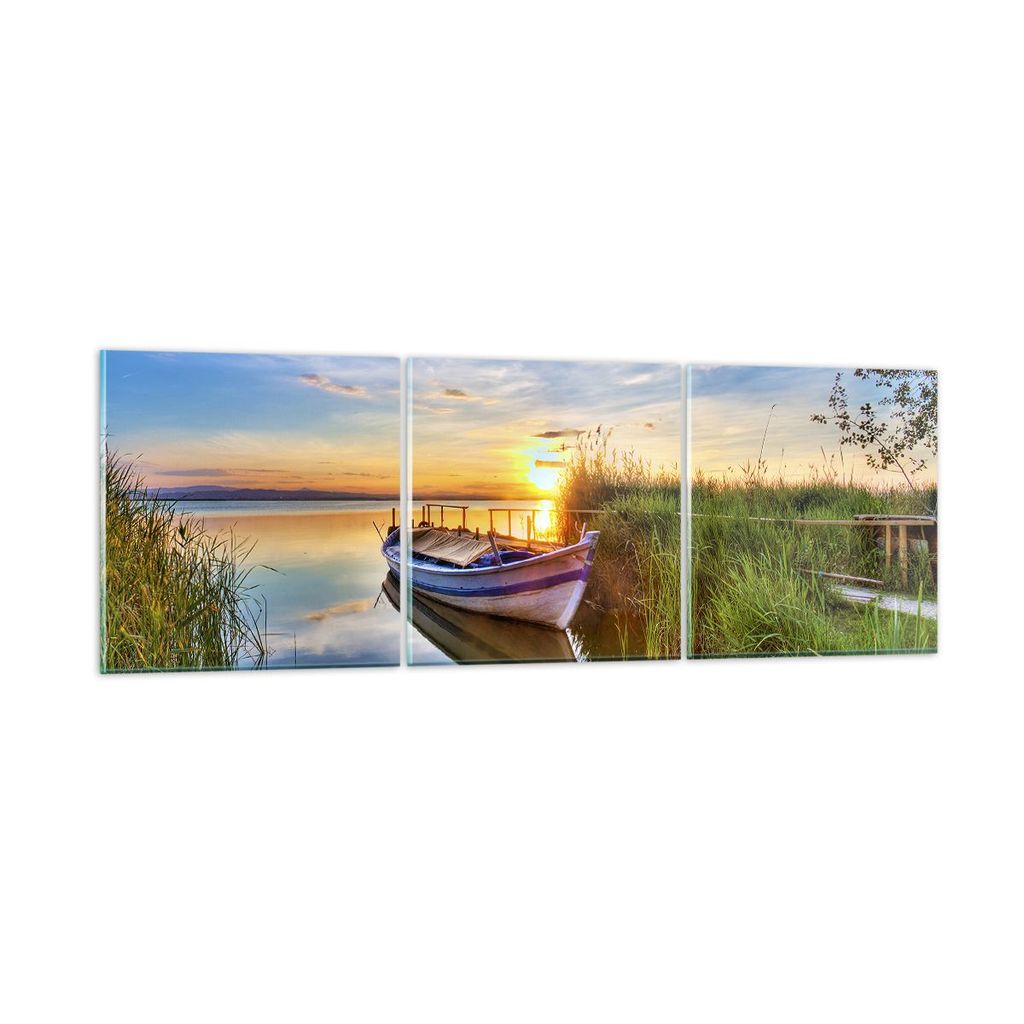 Bilder auf glas - See Boot Wasser - 90x30cm - Glasbilder - Wandbilder - Bilder - Kunstdruck - zum Aufhängen bereit - Wanddekoration aus Glas - Gla...