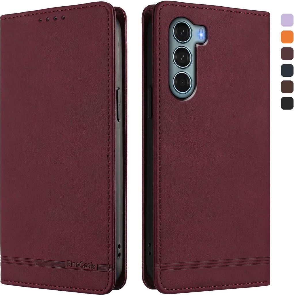 Hülle für Motorola Moto G200, Retro Kunstleder Ständer Klapphülle mit Kartenfächer und Magnetische Rot