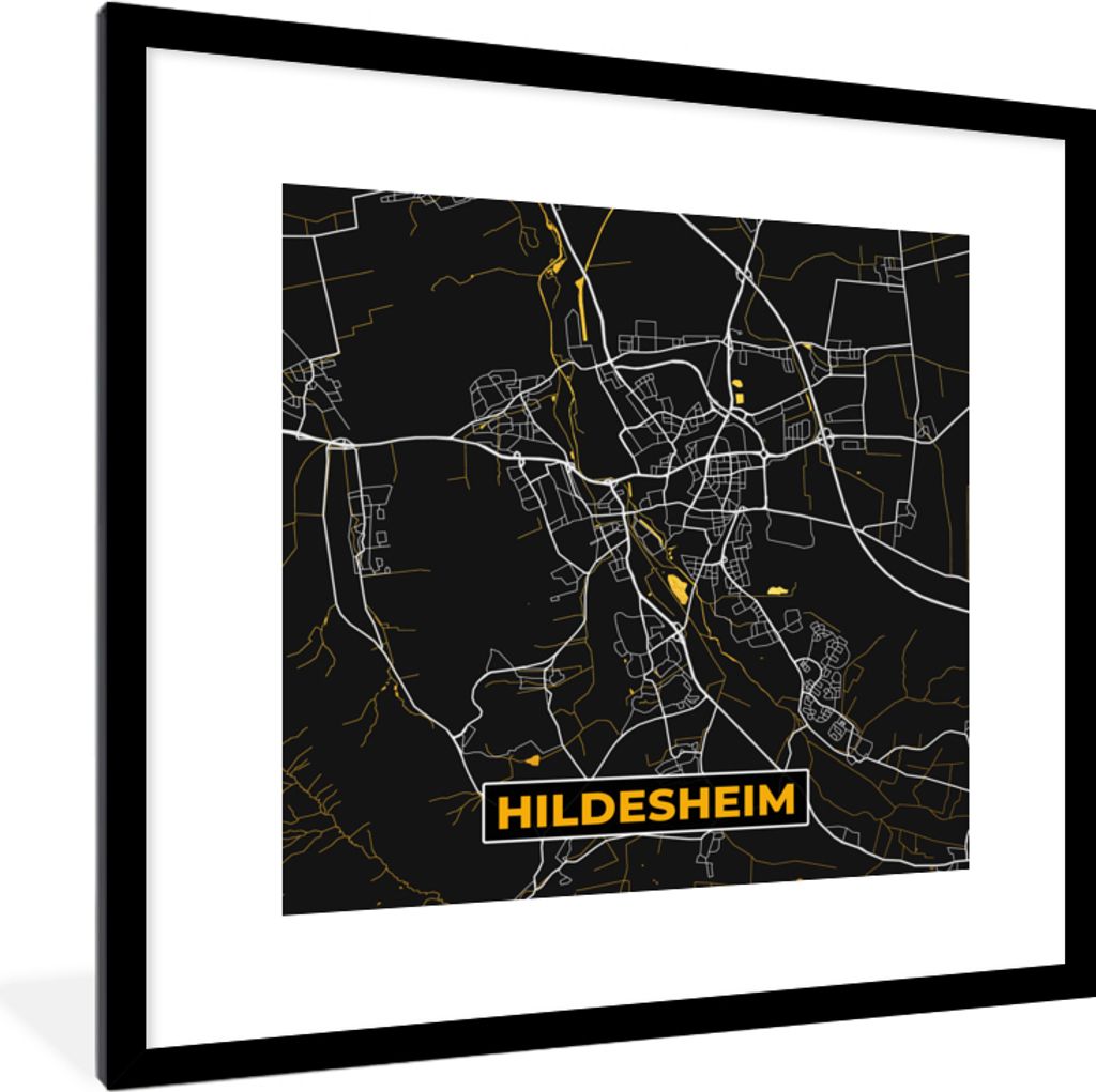 MuchoWow Gerahmtes Poster Hildesheim - Gold - Stadtplan - Karte - Deutschland 40x40 cm - Poster mit Schwarzem Bilderrahmen Wandposter Rahmen Foto...