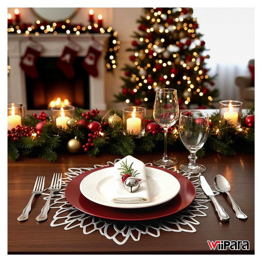 6er Set Platzsets Abwaschbar, Moderne PVC Tischunterlage Rund Weihnachten Dekorativ für Esstisch (Ø38cm, Silber)