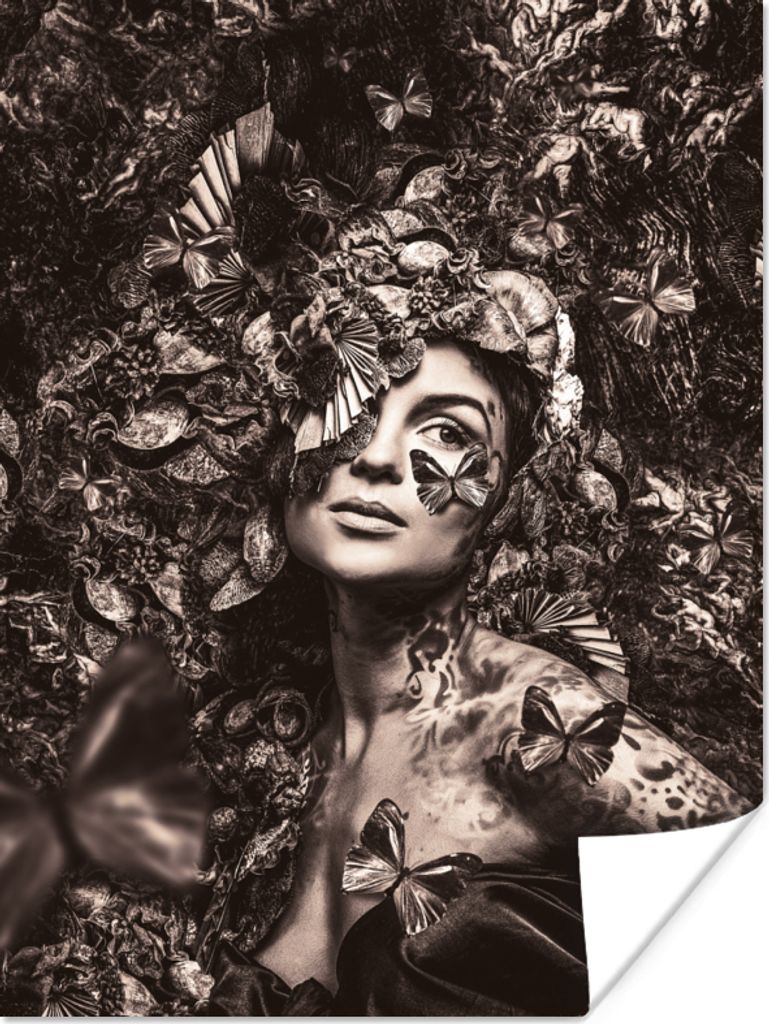 MuchoWow Poster Frau - Pflanzen - Schmetterling 120x160 cm - Wandbilder