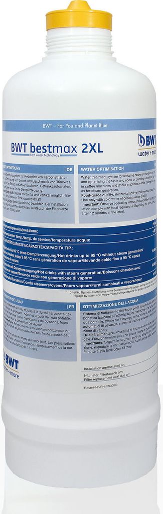 A white cylindrical water filter cartridge with a yellow cap, labeled with brand and product information.