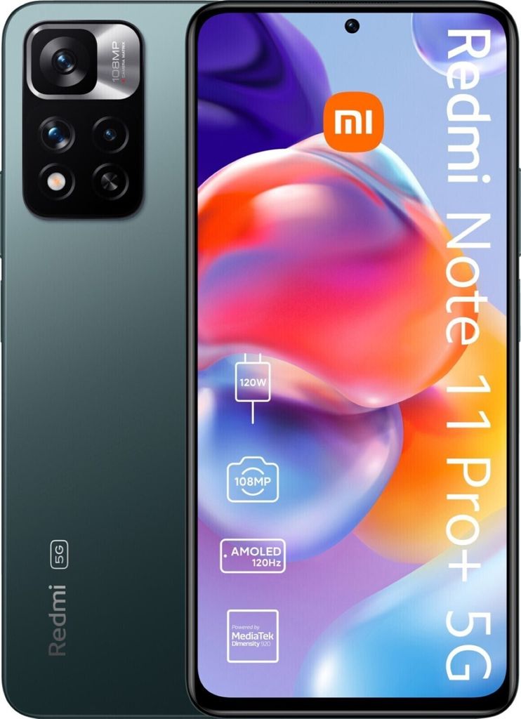 A marketing image of a Xiaomi Redmi Note 11 Pro+ 5G smartphone, showcasing its features.