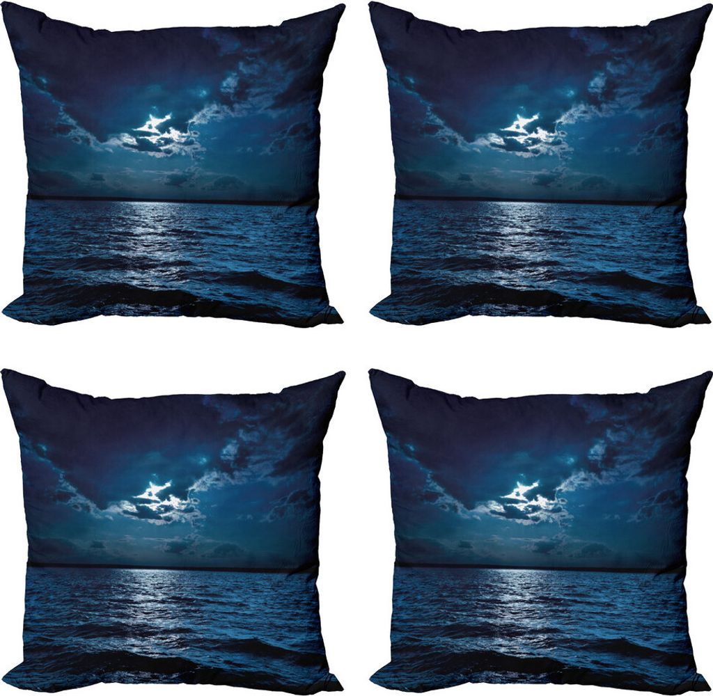 ABAKUHAUS Nacht Kissenbezug Set (4 Stück), Dramatischer Himmel Mond Ozean, Moderner Doppelseitiger Digitaldruck, 50 cm x 50 cm, Dunkelblau Weiß
