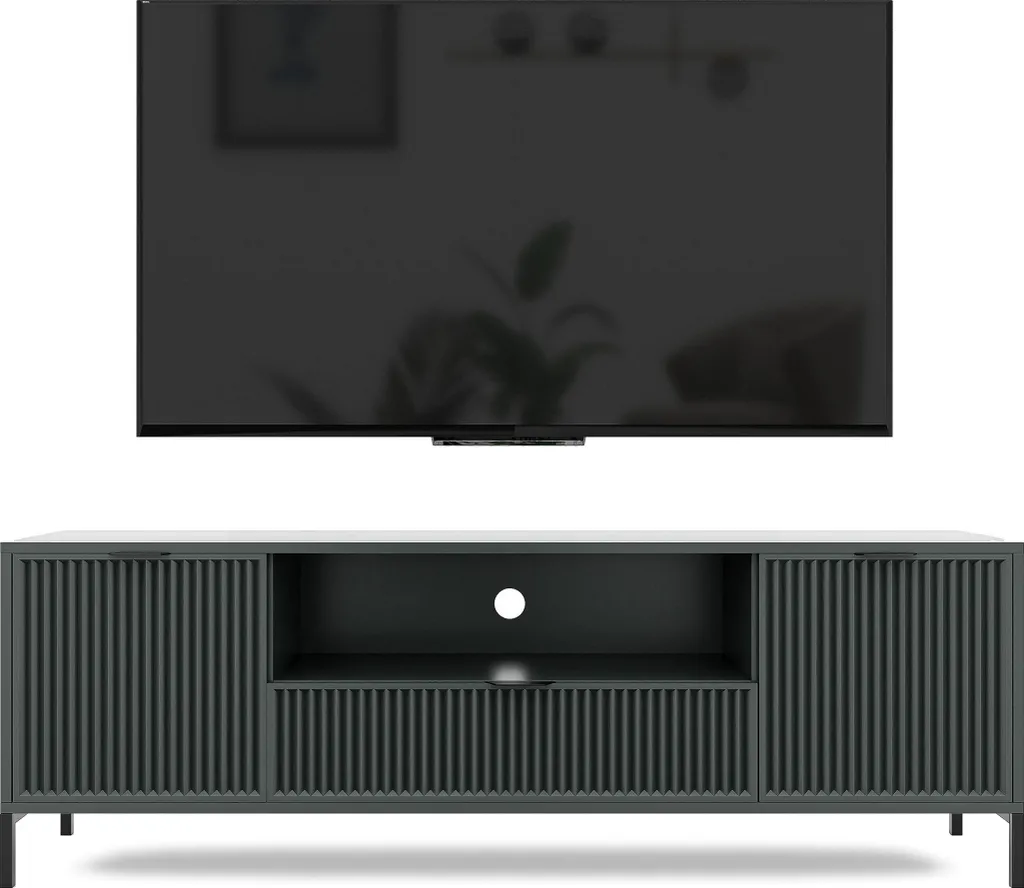 Banc TV Bas Design Wave Greenstone avec Façades Striées et Pieds Métal