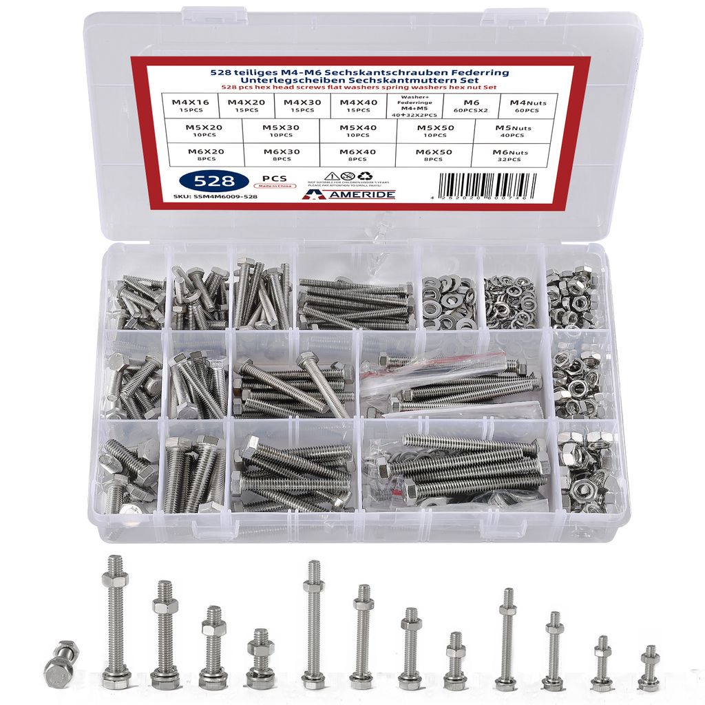 528PCs Sechskantschrauben Edelstahl M4 M5 M6 Schrauben mit Muttern Unterlegscheiben und Federringe Sortiment Kit Silber