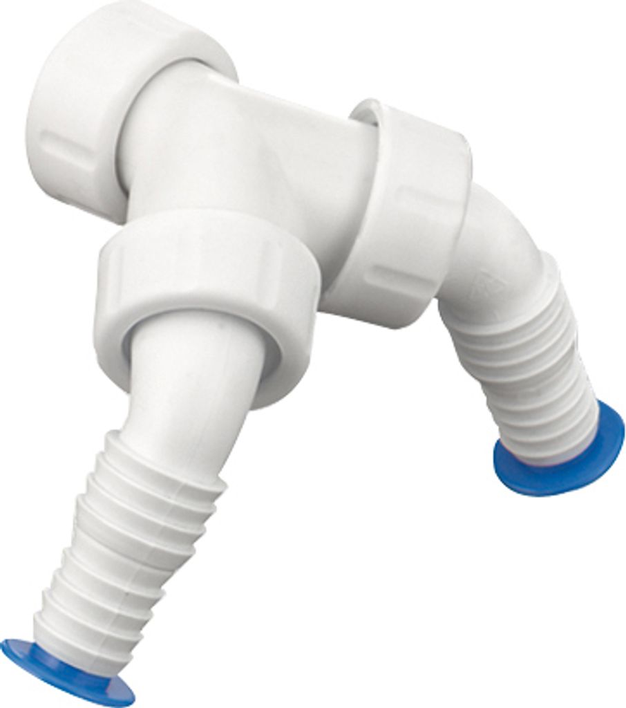 PP Doppel-Schlauchverschraubung 45°, 3/4" und 1", weiss mit zwei Stopfen