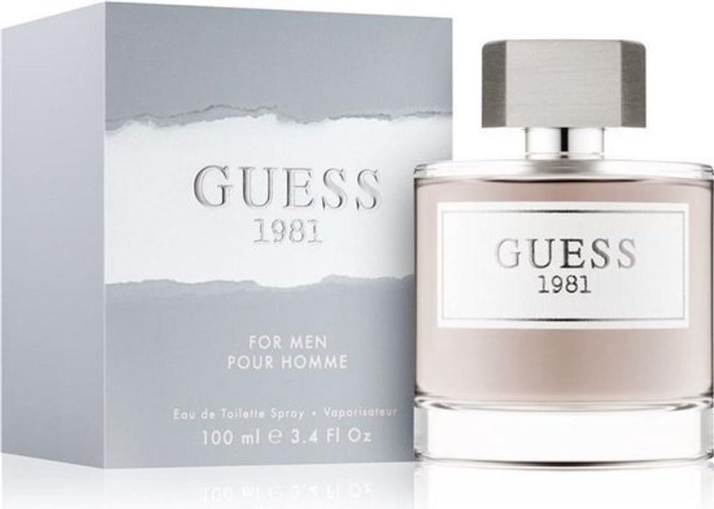 A bottle of Guess 1981 for Men Eau de Toilette and its packaging are displayed against a white background.