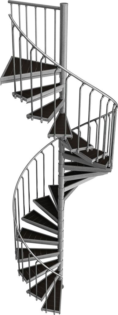 Spindeltreppe Ø 180 cm | Höhen: 342-359 cm | 18 Stufen, ein Podest | WPC-Stufenbelag, Feuerverzinkt