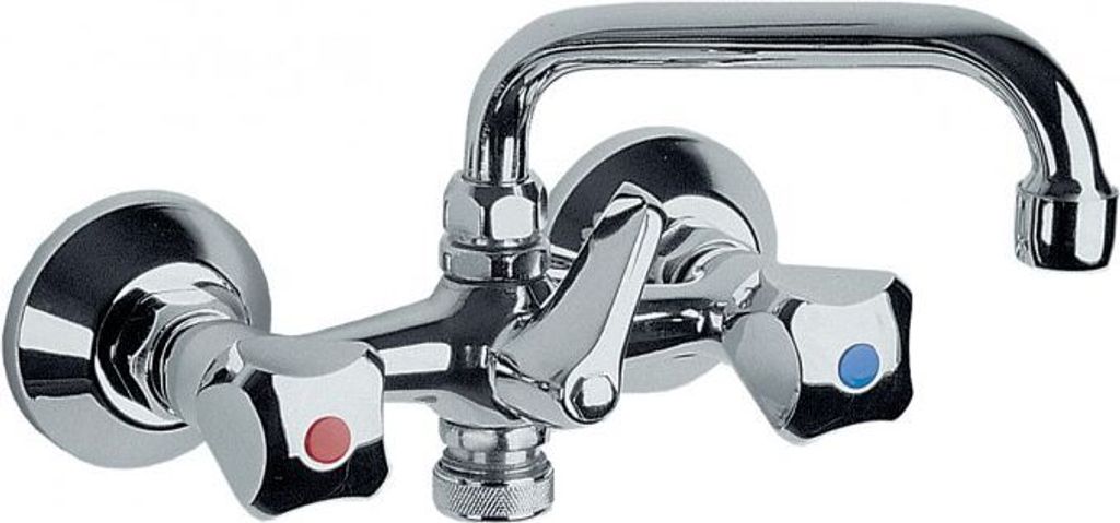 A chrome-finished wall-mounted faucet with two handles, one marked red and the other blue.