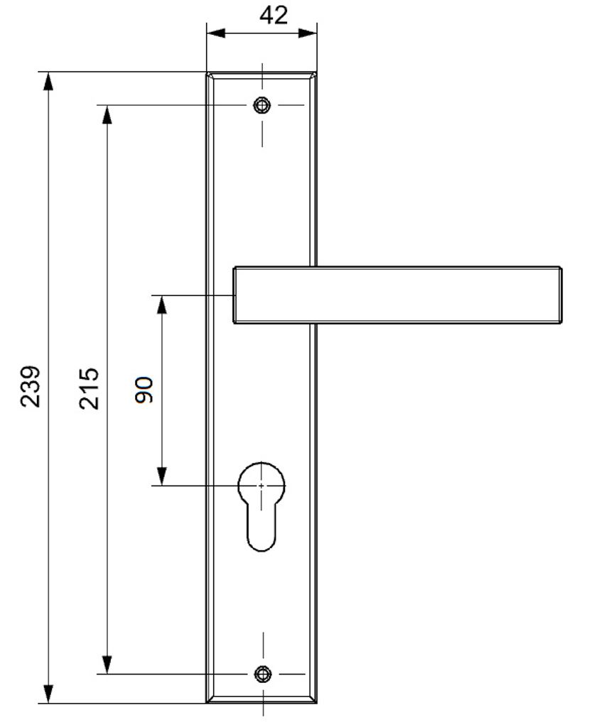 A technical drawing with dimensions of a door handle set.