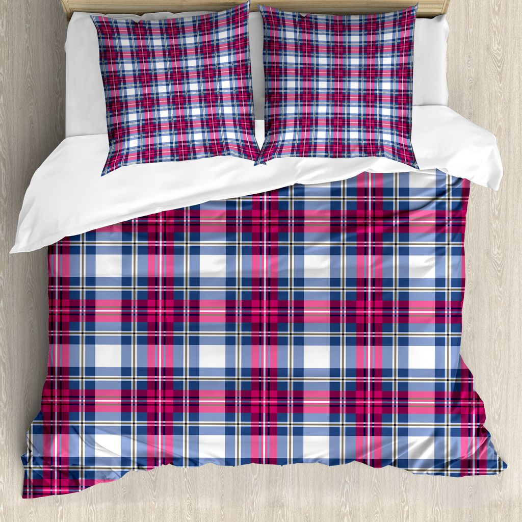 ABAKUHAUS Plaid Bettbezug, Rosa und Blaue Tartan, Milbensicher Allergiker geeignet mit Kissenbezügen, 200 cm x 200 cm - 80 x 80 cm, Blau-Rosa-Grau