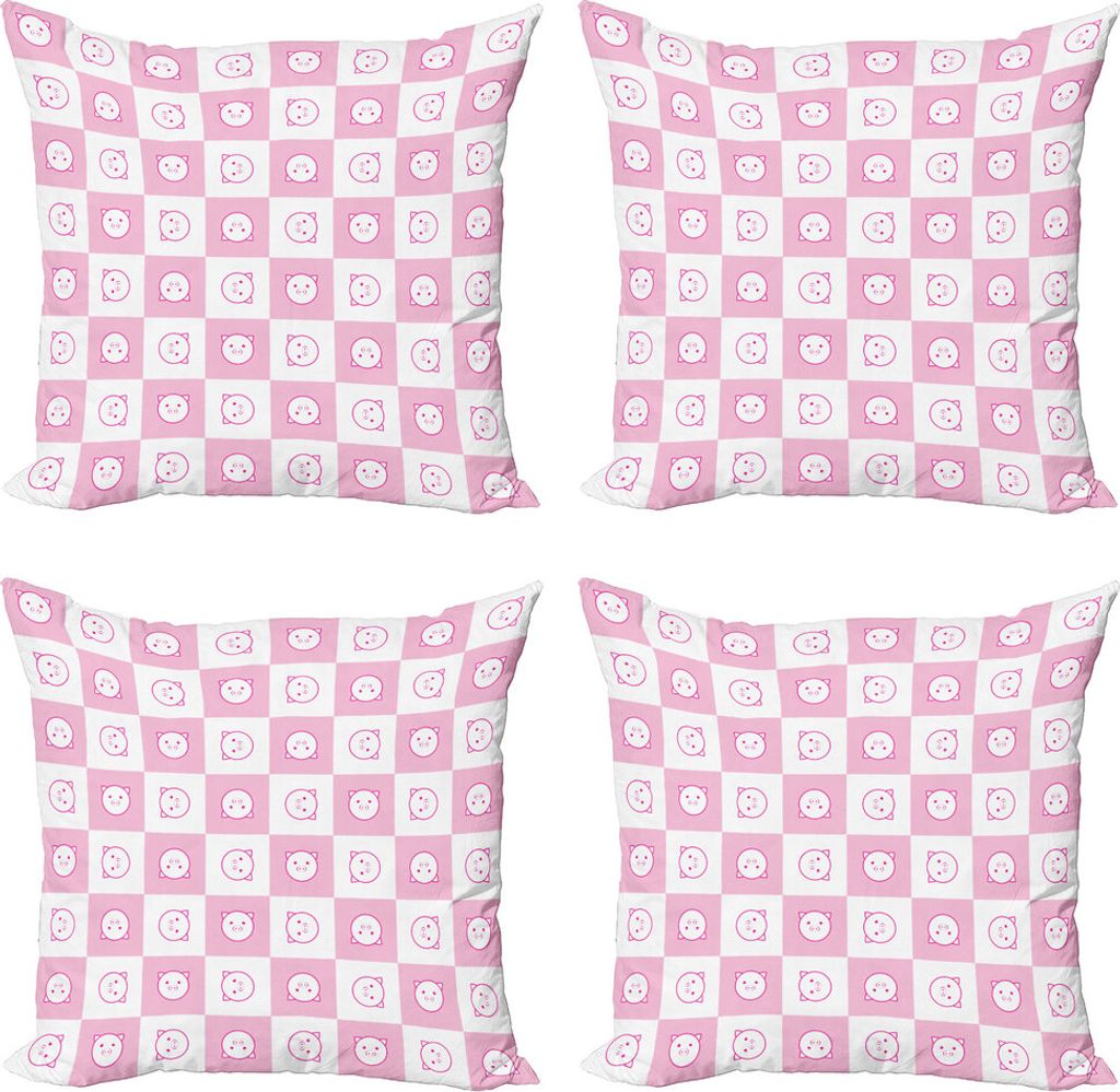 ABAKUHAUS Kariert Kissenbezug Set (4 Stück), Lustige Piggy Faces, Moderner Doppelseitiger Digitaldruck, 40 cm x 40 cm, Baby-Rosa-Pink-Weiß