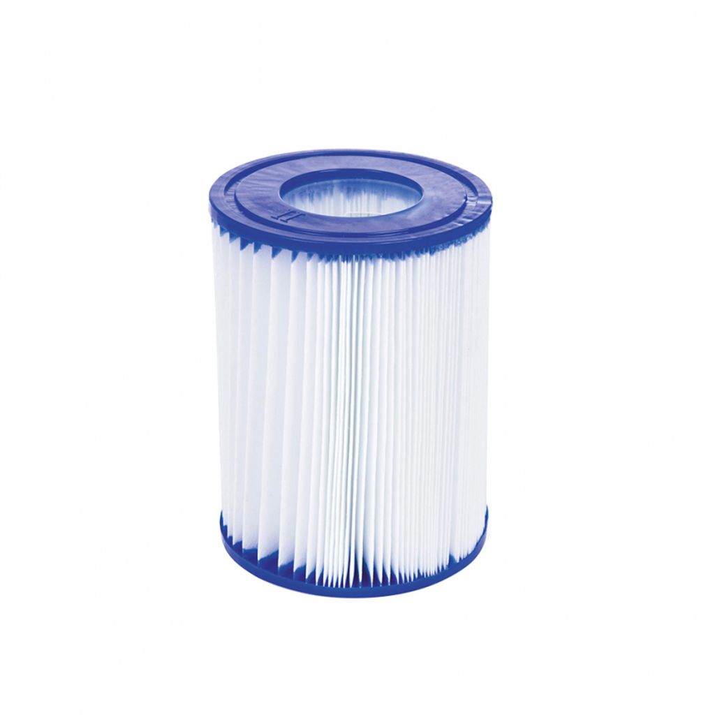 A white pool filter with blue caps on a white background.
