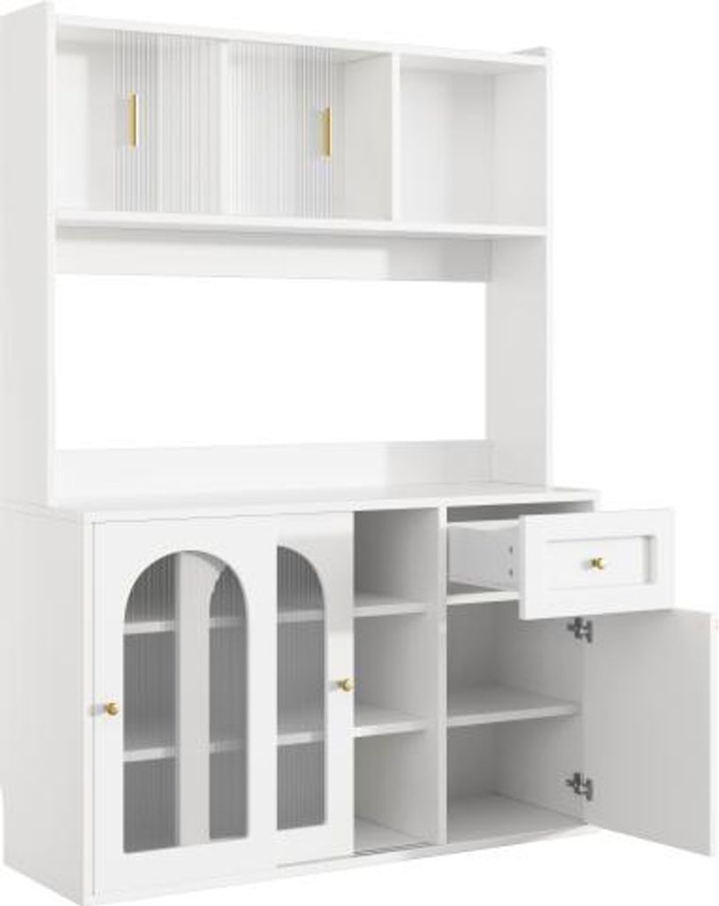 Kuechenschrank Hochschrank 120 x 35 x 167 cm Vitrinenschrank Buffetschrank Mit 3 Schubladen Verstellbaren Ablagen Sideboard LED-Beleuchtung Weiss