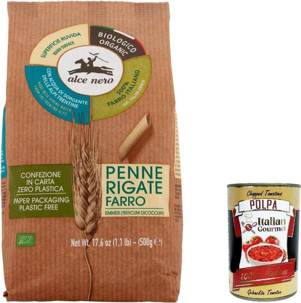 12x Alce Nero Penne rigate al farro, Penne rigate mit Emmer Wheat, 100% Vollkorn 500g + Italian Gourmet polpa 400g