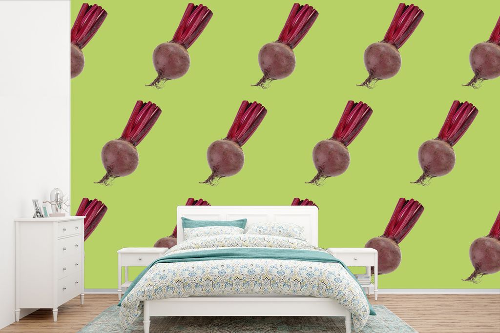 MuchoWow Fototapete für Wohnzimmer oder Schlafzimmer Wandtapete Vinyl Motivtapete Gemüse - Rote Bete - Grün - 600x400 cm - Vinyltapeten