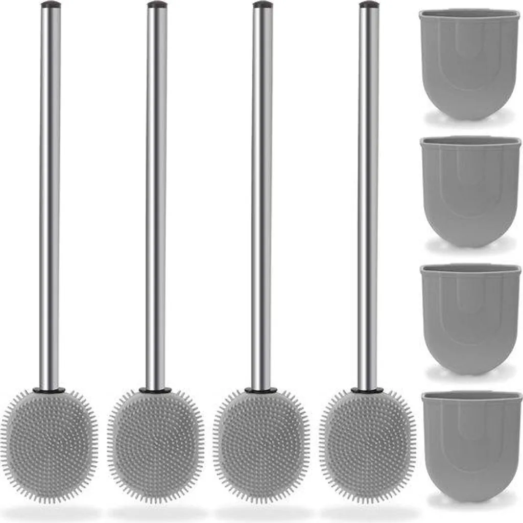 Lot de 4 brosses WC en silicone avec manche inox tête plate - Gris Anthracite