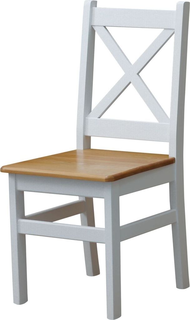 A white wooden chair with a light brown wooden seat, shown against a white background.