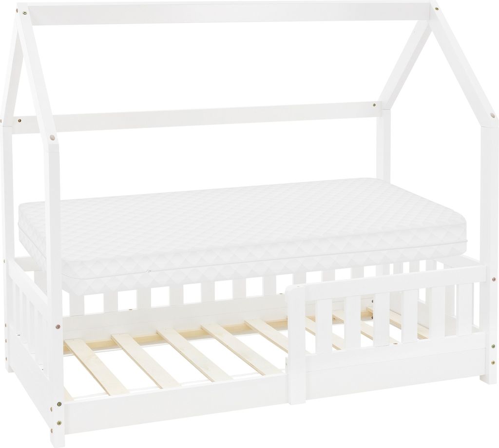 ML-Design Kinderbett 70x140 cm mit Matratze, Rausfallschutz, Dach und Lattenrost, Weiß, Hausbett aus Kiefernholz Bodenbett Holzbett