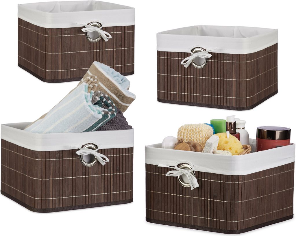 2 Aufbewahrungskörbe Aus Bambus & Polyester – 20x31x31 Cm, Mit Griffloch, Natur/weiß